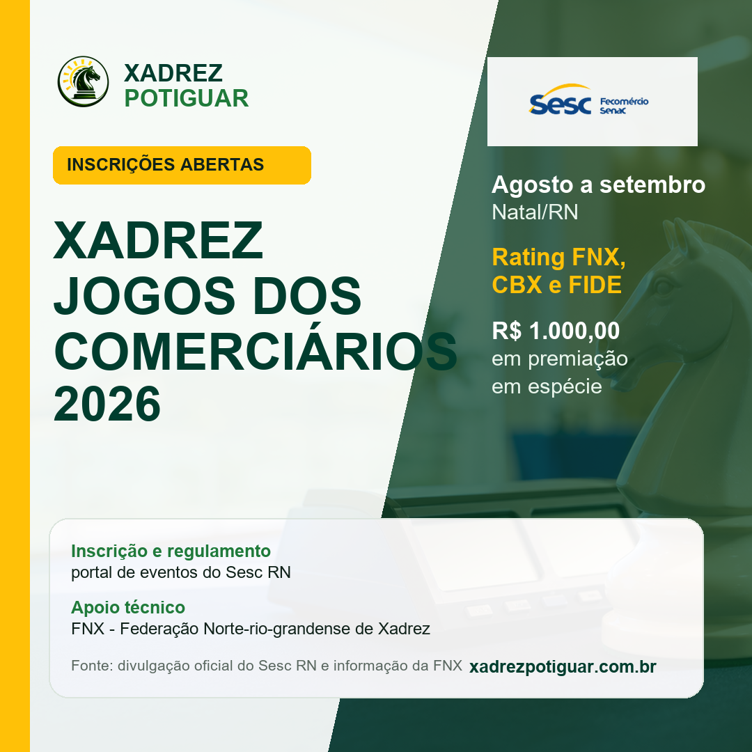 Arte do xadrez nos Jogos dos Comerciários 2026 do Sesc RN